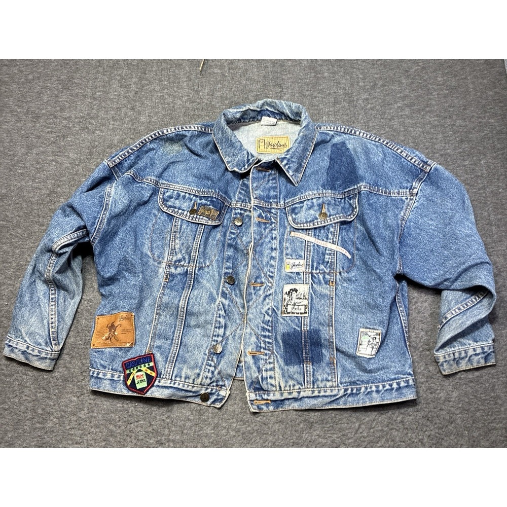 Vintage GASOLINE Jeans Denim Jacket Trucker‎ Patches Small 80s Distressed Grunge